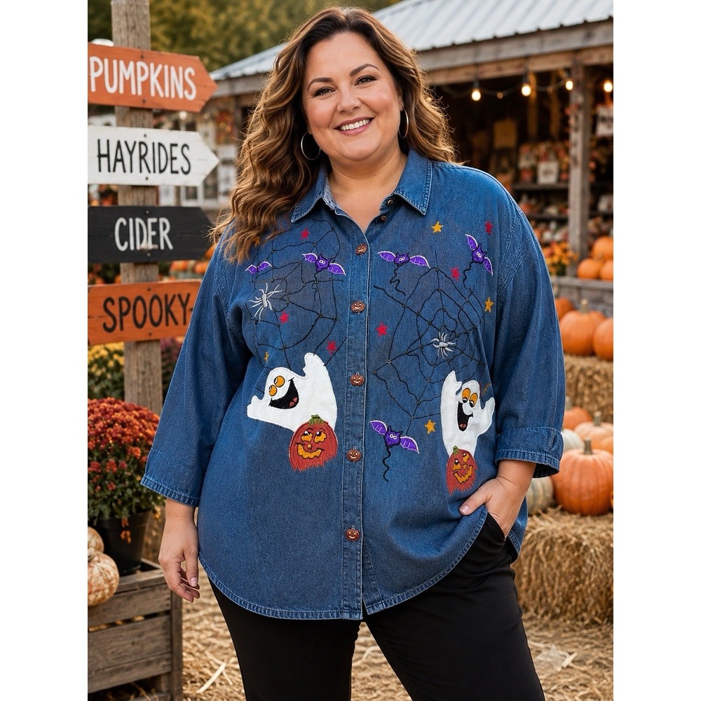 Vintage 90's Tantrums Halloween Denim Shirt 3X Ghost Pumpkin Bat Spider NWT